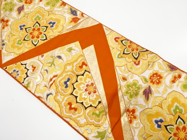 JAPANESE KIMONO / ANTIQUE FUKURO OBI / SILK / WOVEN FLORAL ARABESQUE